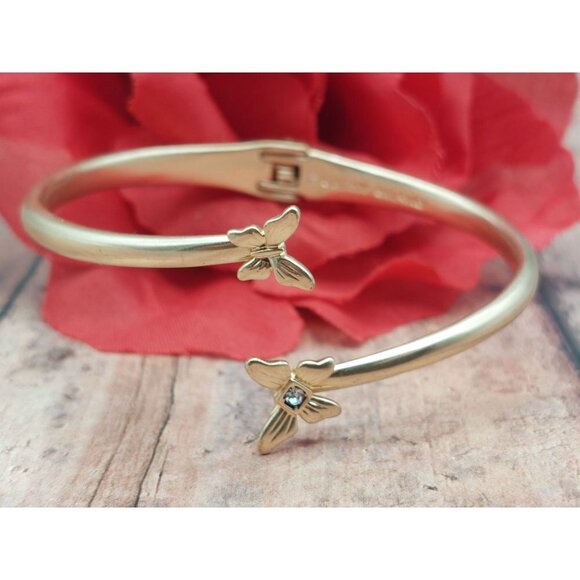 Lucky Brand Brushed Gold Tone Cuff  Bangle Bracelet Hinged Butterflies Crystal - Picture 5 of 11